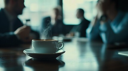 Coffee mug close-up during a relaxed business discussion  
