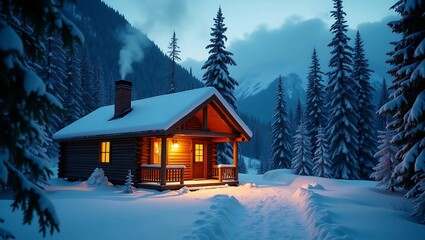 A cozy wooden cabin in a snowy forest at dusk, glowing warmly from the inside. The winter landscape is covered in fresh snow, with tall pine trees surrounding the peaceful retreat