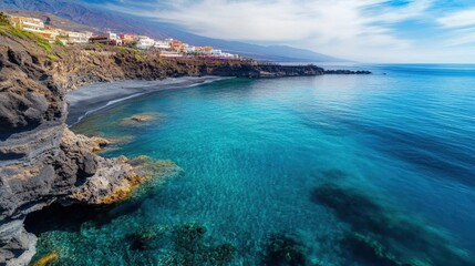 Obraz premium Aerial view of crystal-clear turquoise waters at a stunning beach in the Canary Islands, showcasing vibrant coastal scenery and natural beauty. High-resolution photography.