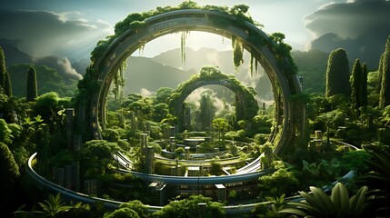 Obraz premium Futuristic Green City, Reclaimed by Nature: A Digital Landscape of Harmony