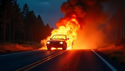 Obraz premium Rear view of car during powerful explosion with smoke and flames at night, fire in the car and blast after the road accident at night, the car is blurred, created with generative ai