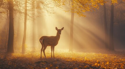 Deer Standing in Forest with Autumn Foliage and Sunlight Rays