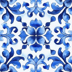 Blue and White Hand Painted Floral Seamless Pattern Watercolor Damask Tile Design