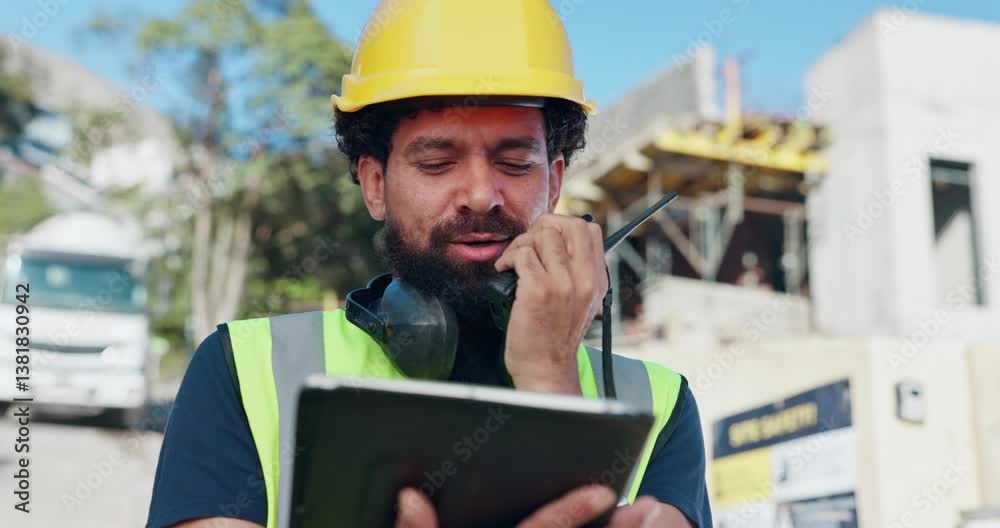 Aufkleber Construction, tablet and man with radio in communication for progress report, info and site update. Development, worker and talking with technology for digital blueprint, review and civil engineering