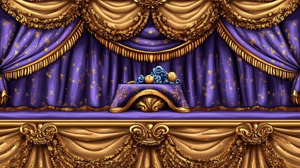 An ornate purple and gold stage backdrop with floral arrangement