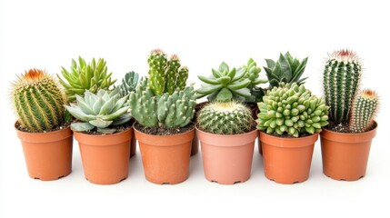 Fototapeta premium Potted cacti and succulents on white background, minimalist indoor plant decor, cactus collection in pots, copy space, high-quality photography.
