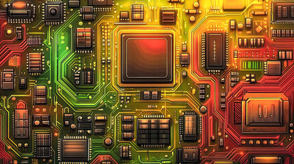 Intricate pixelated circuit board design showcasing vibrant colors and detailed components in a digital artistic representation
