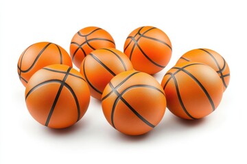 Fototapeta premium A flock of basketballs isolated on a white background, showcasing vibrant orange color and textured surface, ideal for sports, fitness, and athletic themes.