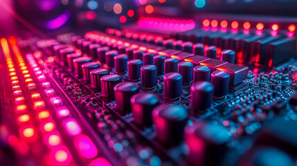 Fototapeta premium Detailed view of sound card ports with vibrant lighting and intricate circuitry showcasing modern audio technology