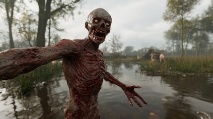 Ghastly Creature Emerging from the Swamp Horror Scene with Chilling Atmosphere and Detailed De