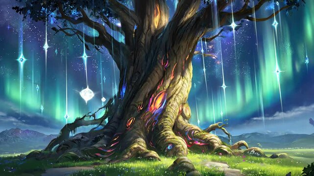 Massive glowing fantasy tree under starlit sky with crystal rain beams falling from above surrounded by forest landscape in mystical atmosphere inspired by magic nature fantasy realms and dreamscapes
