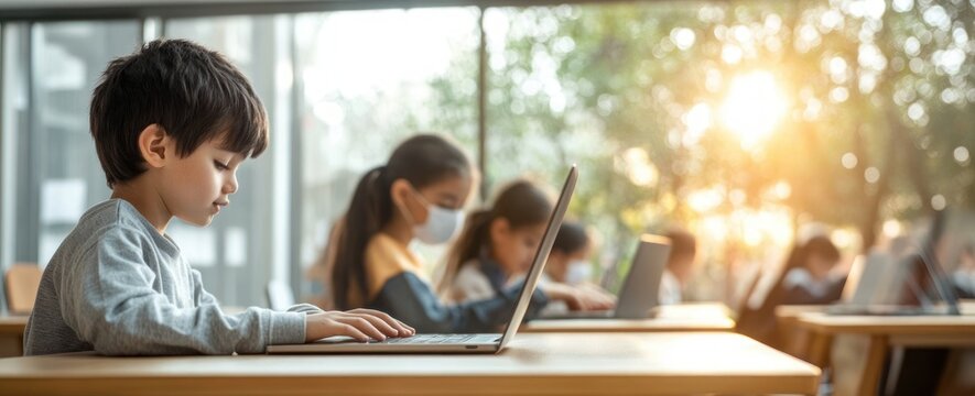 Asian student boy with face mask using laptop at desk in modern classroom environment