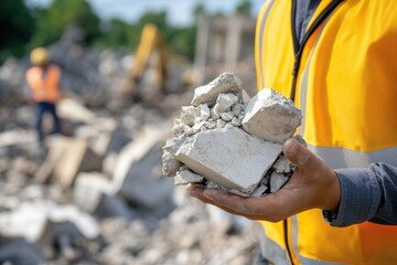 Construction worker holding debris, rubble in demolition site, examining concrete chunks after building destruction.