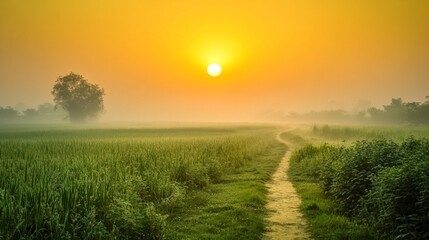 Obraz premium Golden sunrise over lush green fields in Punjab, misty morning atmosphere, peaceful rural landscape generative ai