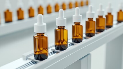 Amber dropper bottles on a conveyor belt, ready for filling and packaging in factory.