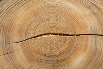 Fototapeta premium Close-up of a cut tree trunk showing growth rings and a crack.