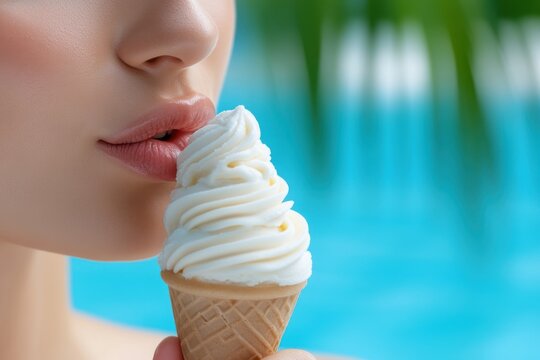 Woman gently licking soft serve ice cream cone, by the pool on a summer day.