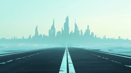 Obraz premium Futuristic city skyline with endless road leading to modern architecture in misty horizon