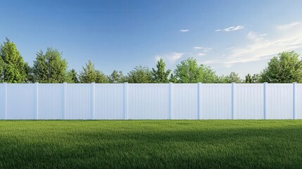 Obraz premium White vinyl fence on a lawn with green grass, trees in the background, and a clear blue sky overhead. Ultra-realistic outdoor scene.