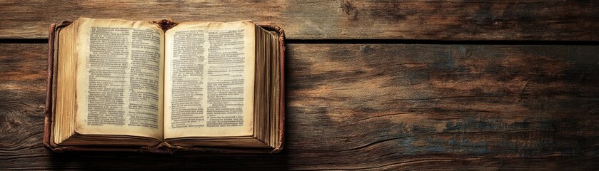 Obraz premium Open antique book on weathered wooden table