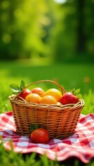Colorful picnic basket on checkered blanket, sunny day, green, lunch