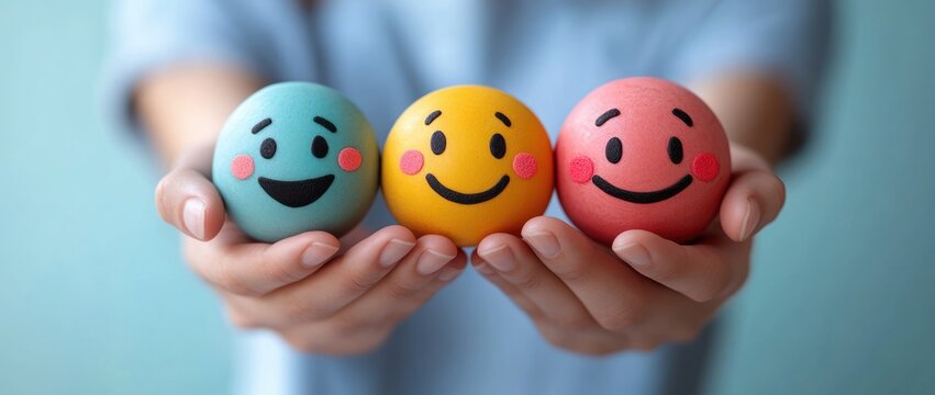 Hands Holding Emoji Faces Happy Neutral Angry on Blue Background for Mental Health Assessment Positive Negative Thinking Concept - Powered by Adobe