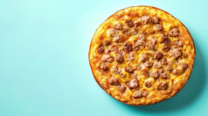 A golden minced pork omelette placed on a pastel blue background with soft shadows