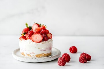 Greek yoghurt topped with strawberries and raspberries on white background showcases vibrant freshness and deliciousness