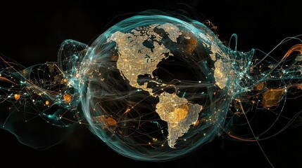 Digital globe with connected trade routes, global network, world trade.