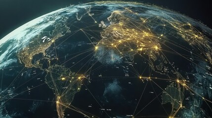 Digital globe with connected trade routes, global network, world trade.
