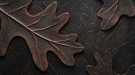 Fototapeta premium A highly detailed close-up of an embossed paper oak leaf set on a dark black background