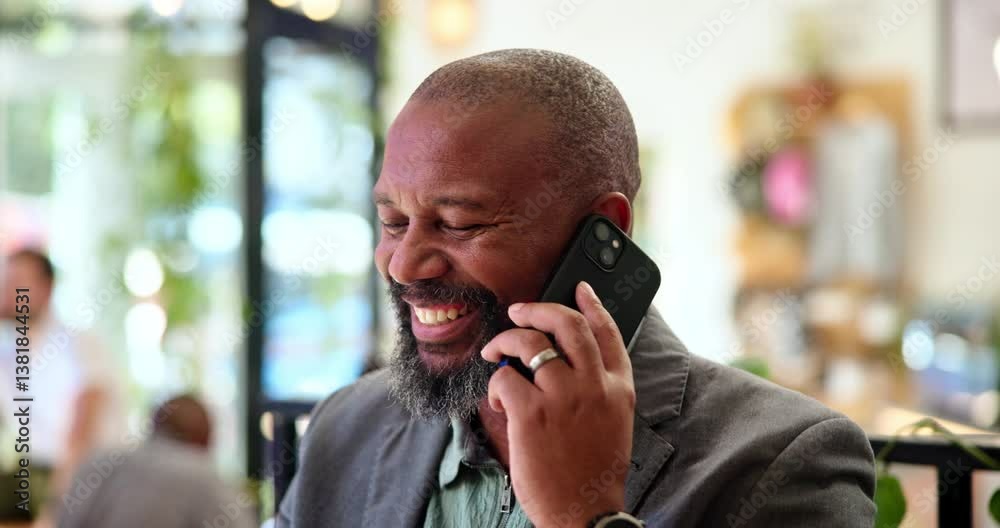 Aufkleber happy, phone call and business black man in cafe for client contact, communication and conversation.