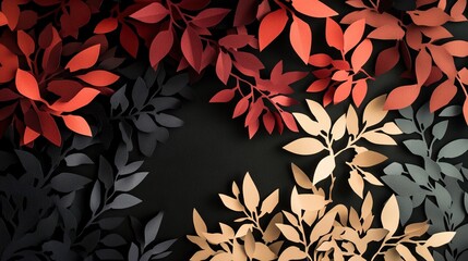 A layered composition of cut paper tree leaves in various autumn shades on black