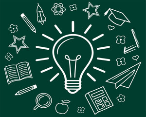 Bright Ideas for Education: Lightbulb Surrounded by Learning and Knowledge Icons.