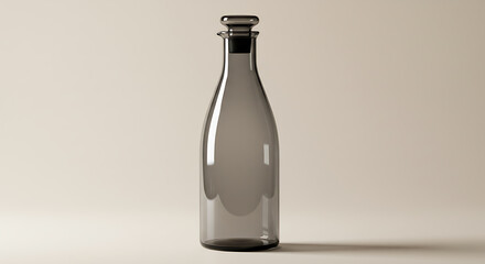 Elegance in Glass: A sleek, transparent glass bottle with a dark cap stands gracefully, its minimalist design exuding sophistication and timeless appeal. 