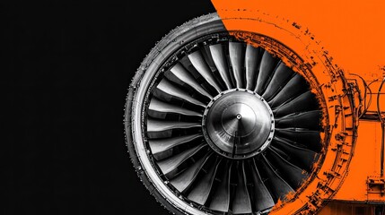 A massive industrial turbine engine with rotating blades on a black and orange gradient background