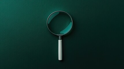 A minimalistic magnifying glass with a white handle placed on a solid dark green background