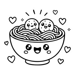 Cute bowl of smiling noodles with meatballs and hearts Kawaii food illustration for coloring pages, stickers, cards or kids designs. Black and white vector line art