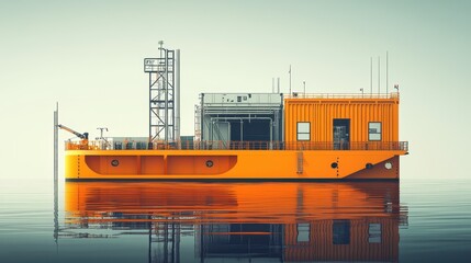 Floating container platform used for offshore construction flat design side view marine engineering theme cartoon drawing Split-complementary color scheme. 