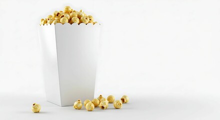 A white popcorn box filled with crispy golden popcorn, isolated on a clean white background. Perfect for cinema, movie night, snack, and food-related designs. Minimalist and appetizing composition
