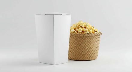 A blank white popcorn box next to a woven basket filled with golden popcorn, isolated on a white background. Ideal for food packaging, branding, and snack-related designs. Clean and minimalist concept