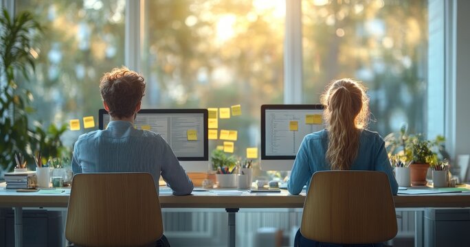 Software Developers Coding in Modern Office Workspace with Natural Lighting and Minimalist Design