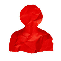 red silhouette of a person on a white surface, made with crumpled paper creating texture and depth. The silhouette is simple, and its color is vibrant and bold.