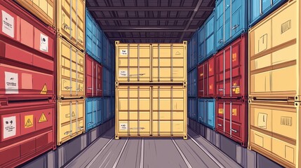 Fototapeta premium Large cargo container with stacked shipping boxes flat design top view industrial port theme cartoon drawing colored pastel. 