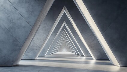 Minimalist Concrete Space with Symmetrical Triangular Arches and Soft Sunlight