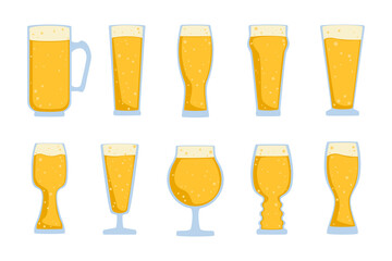 Alcoholic Drinks Vector Illustration Set, Beer Glass with Foam, Craft Beer, Brewery, Celebration, Party, Happy. Collection of Different Types of Beer Glasses, Separated for Graphic Background Design.