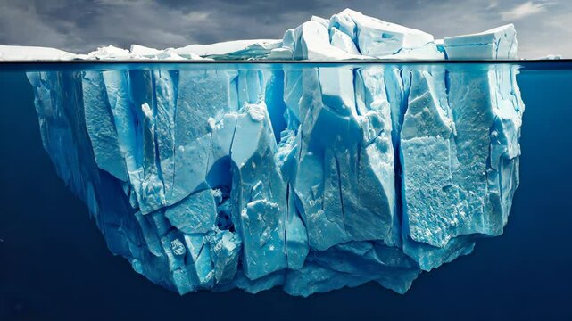 Large iceberg cross-section floating in dark cold ocean showing small icy tip above water and massive hidden underwater structure symbolizing climate change global warming arctic nature science