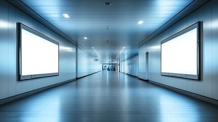 Stylish office passage with no one and a bare billboard display  
