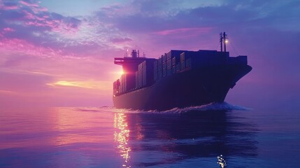 Fototapeta premium Massive container ship sailing through the ocean flat design front view maritime transport theme animation vivid. 