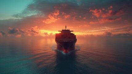 Fototapeta premium Massive container ship sailing through the ocean flat design front view maritime transport theme animation vivid. 